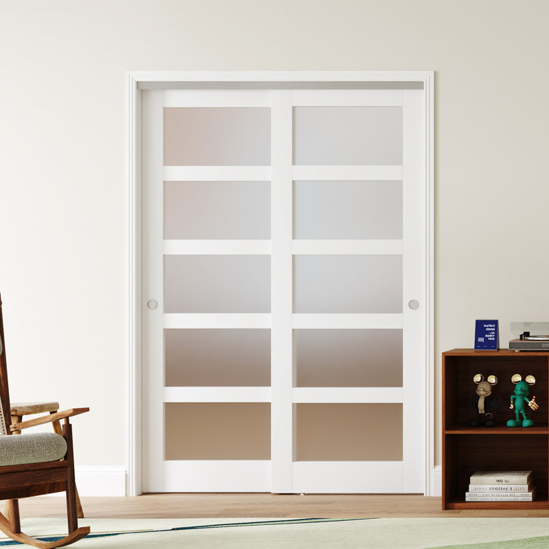 Double portes intérieures coulissantes en verre givré 5 Lite avec quincaillerie de dérivation en aluminium pour économiser de l'espace