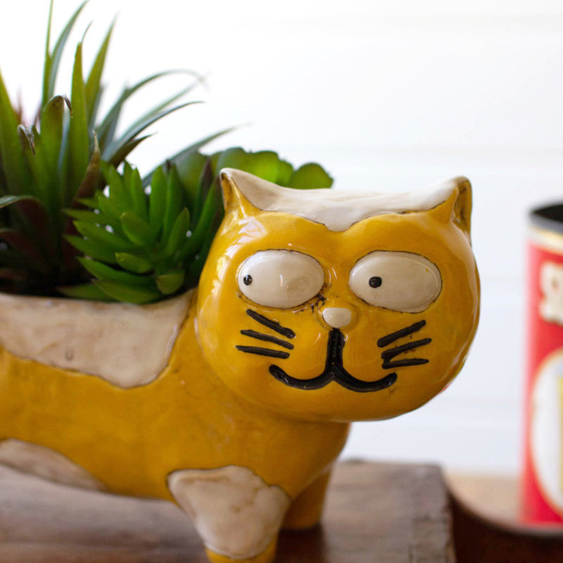 Yellow and White Ceramic Cat Planter for Succulents
