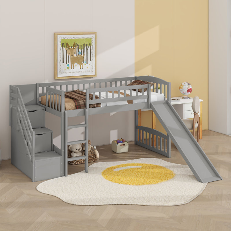 Lit mezzanine simple avec glissière Stairway, Gris
