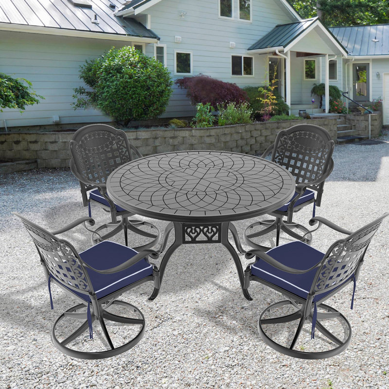Ensemble de salle à manger 5 pièces en aluminium coulé résistant aux intempéries, comprenant 4 chaises pivotantes et une table ronde de 47,24 po avec structure noire