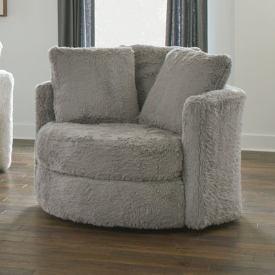 Chaise ronde grise en chenille de conception contemporaine 1pc, accoudoirs courbés, dossier coussiné, coussins décoratifs, fonction pivotante, l 49 po x l 38 po, H 88,63 lb,