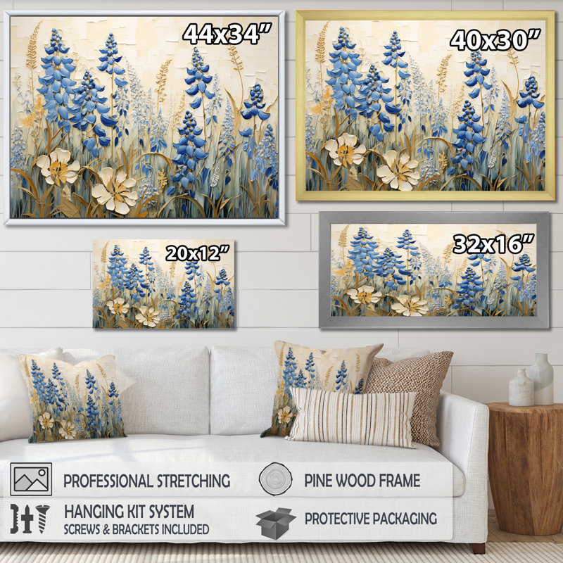 «Blue Bonnets Field Tranquility I - Blue Bonnets, art mural sur toile FL107206, H 24 po x l 32 po x P 1 po, Or