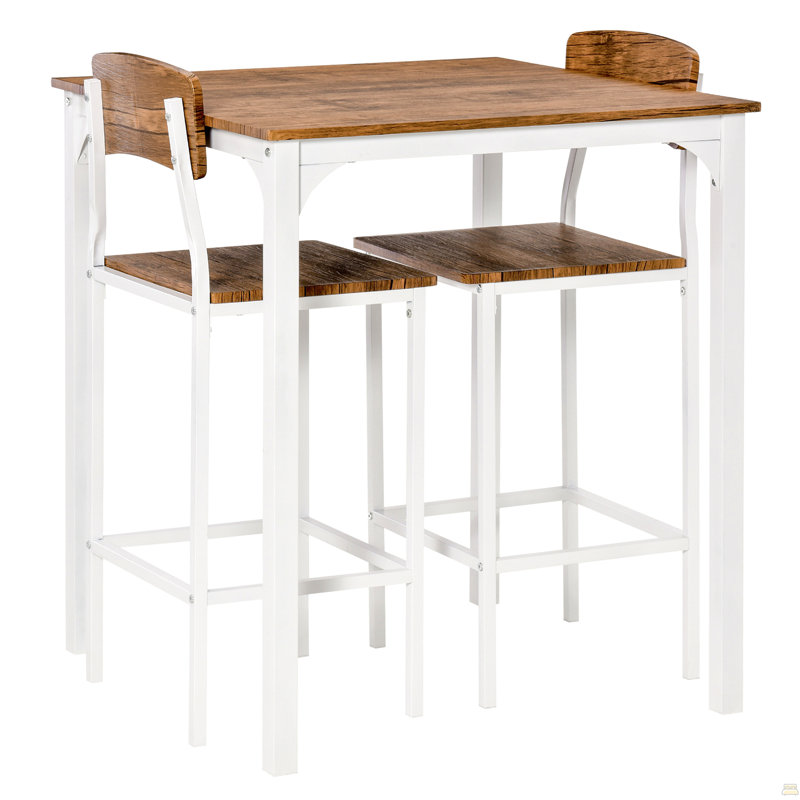 Ensemble de table de bar 3 pièces, ensemble de table de salle à manger à hauteur de comptoir industriel, table de bar et chaises avec pieds et repose-pieds en acier, blanc