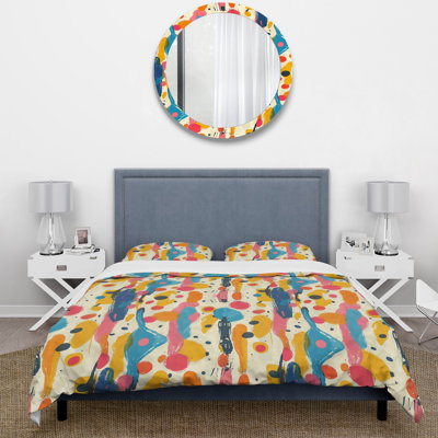 Yellow Pink Midcentury Paint Splatter I - Midcentury Duvet Cover Set