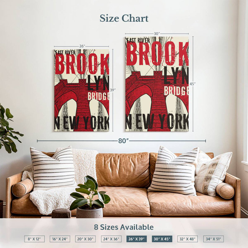 Aime Red Grunge Brooklyn Bridge, 39" H x 26" W