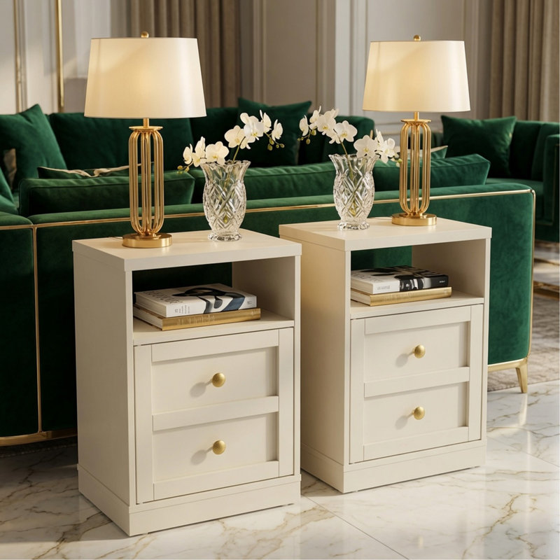 Ensemble de table de chevet moderne en faux bois à 2 tiroirs de 15,7 po de largeur avec porte et tablette, Beige