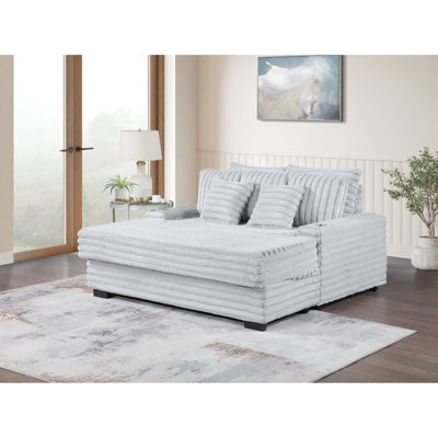Chaise longue en velours côtelé gris, porte-gobelets, charge, hauteur du siège 19,5 po, pieds en plastique noir de 2 po, chaise longue de 49 po de largeur, A et C, largeur, profondeur de 38 po, 5 coussins décoratifs