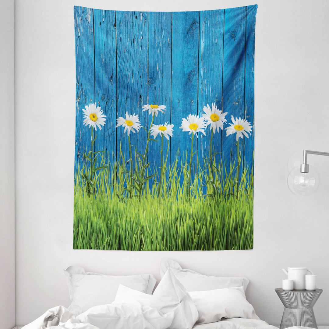 Tapisserie Frischer Frühling Gras und Gänseblümchen auf Zaun Sommer Einfacher Vintage-Stil Druck