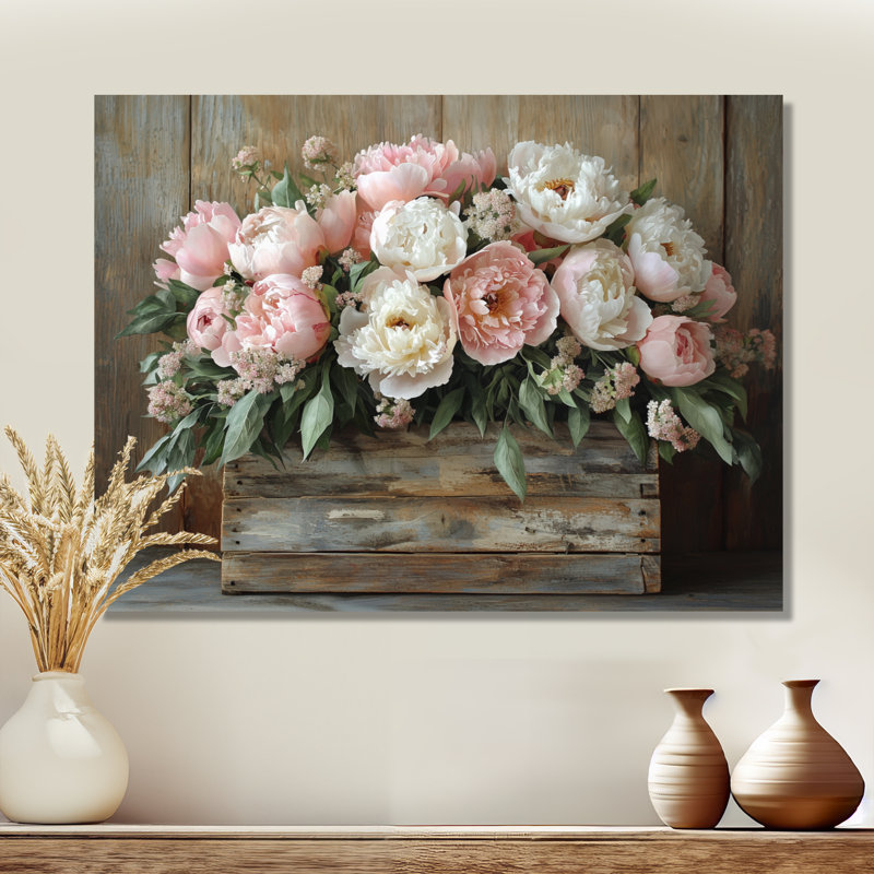 "Farmhouse Chic Bouquet II" - pivoines, reproduction d'art sur toile encadrée, H 30 po x l 40 po, Toile tendue