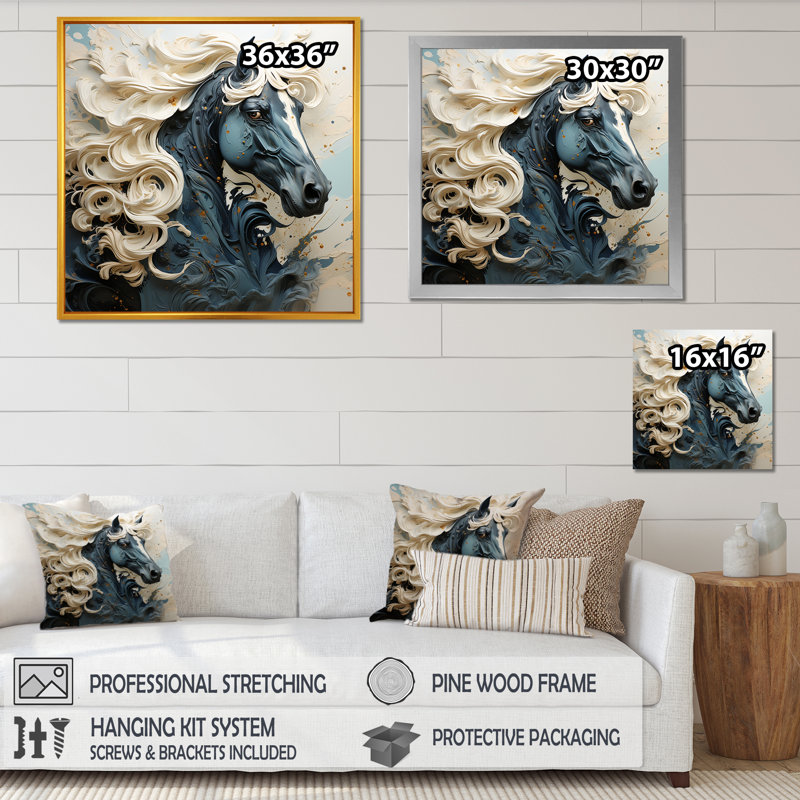 Fantaisie cheval féminin sur toile, Cadre doré simple, H 16 po x l 16 po x P 1 po