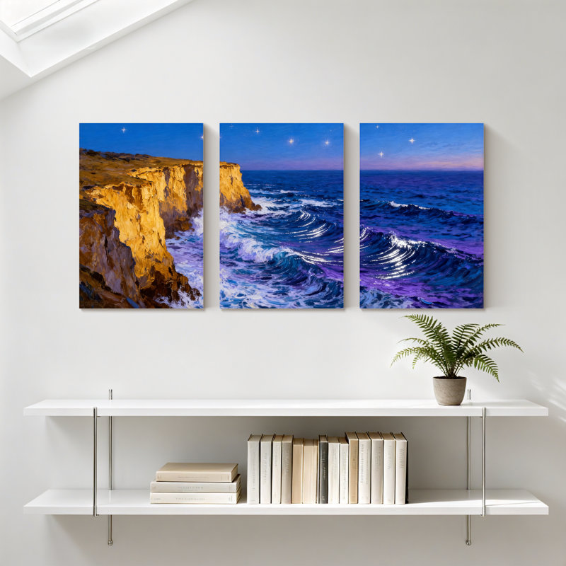 Abstrait, falaise, océan, vagues, nuit, ciel, réflexions, ensemble de 3 impressions sur toile, H 18 po x l 36 po