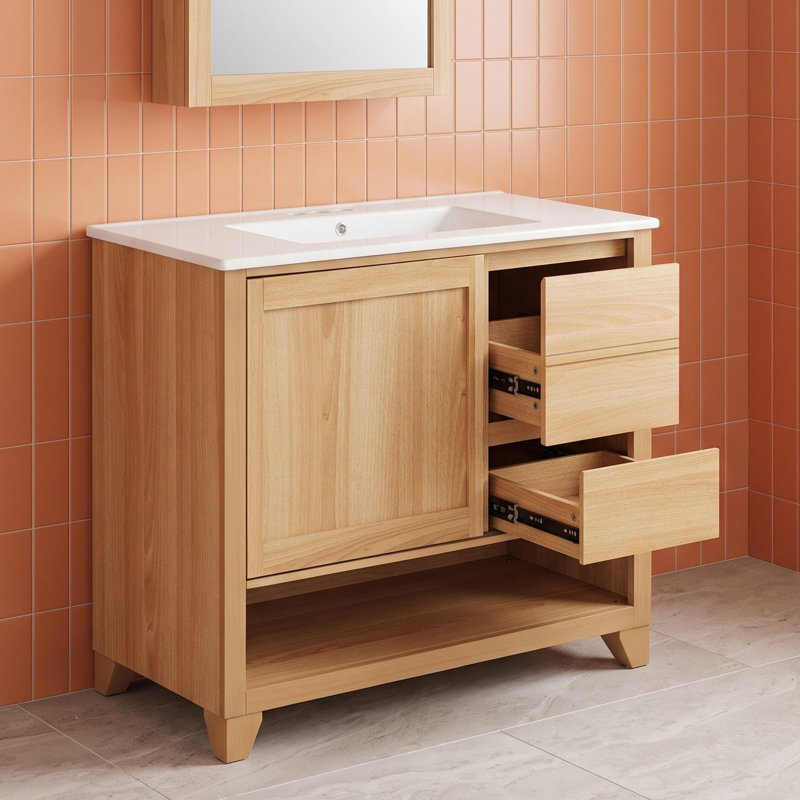 Meuble-lavabo autoportant avec lavabo en céramique, armoire à porte coulissante, tiroirs à fermeture en douceur et tablette ouverte