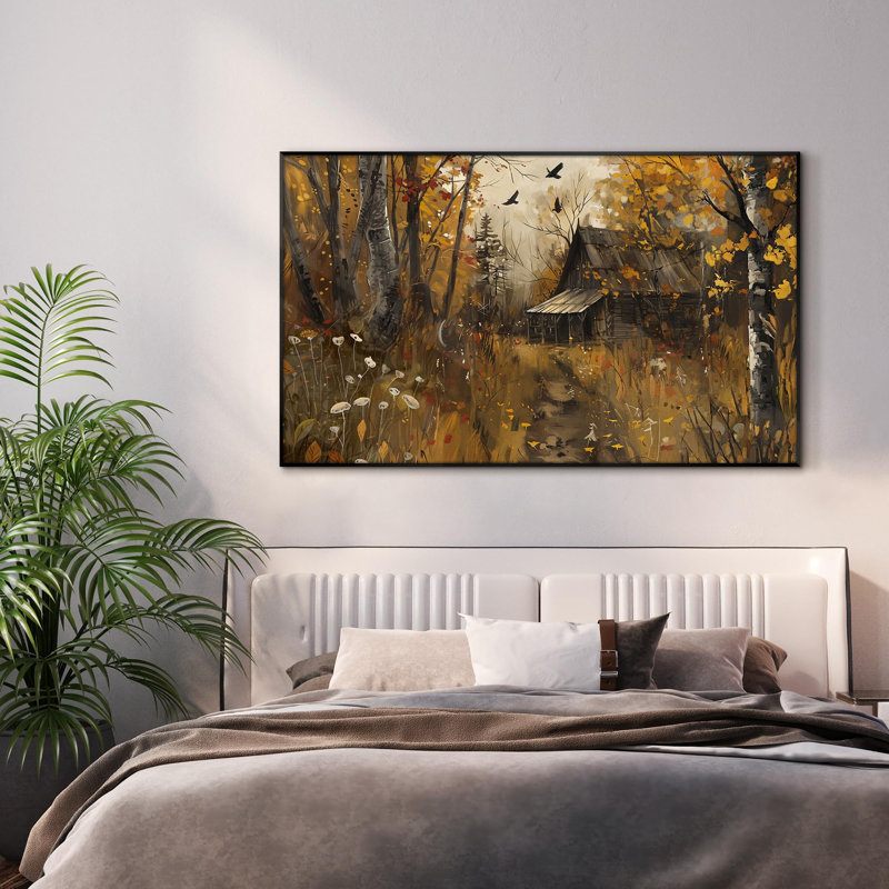«Rustic Autumn Cabin Landscape Cozy Woodland Illustration Extra Large», reproduction d'art encadrée (assemblage requis)