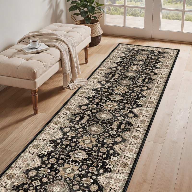 Washable Hallway Rug: Non Slip Rugs with Rubber Backing Soft Kitchen Rug Farmhouse Distressed Carpet Runner for Living Room Bedroom Bathroom (Black)
