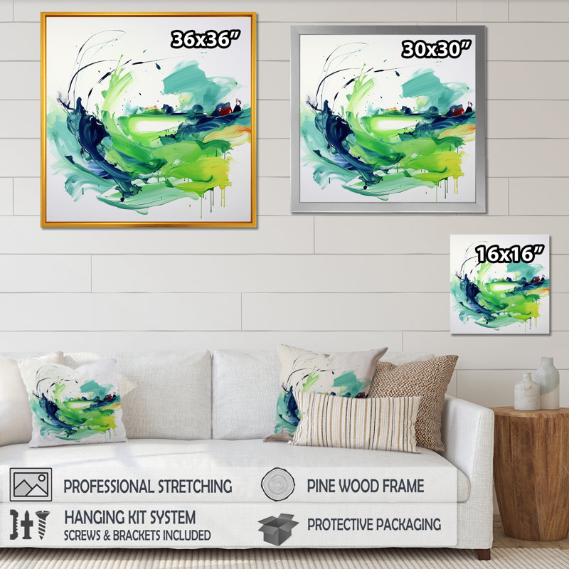 «Green Abstract Ink Expression III», art mural abstrait, Cadre flottant noir, H 30 po x l 30 po x P 1,5 po
