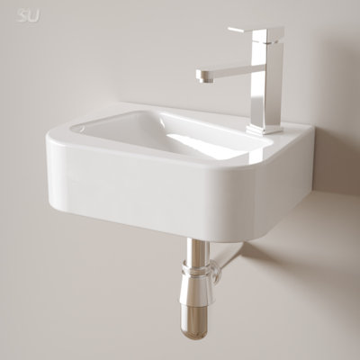 Lavabo de salle de bain mural compact en céramique avec robinet et bonde, idéal pour les conceptions modernes et peu encombrantes.