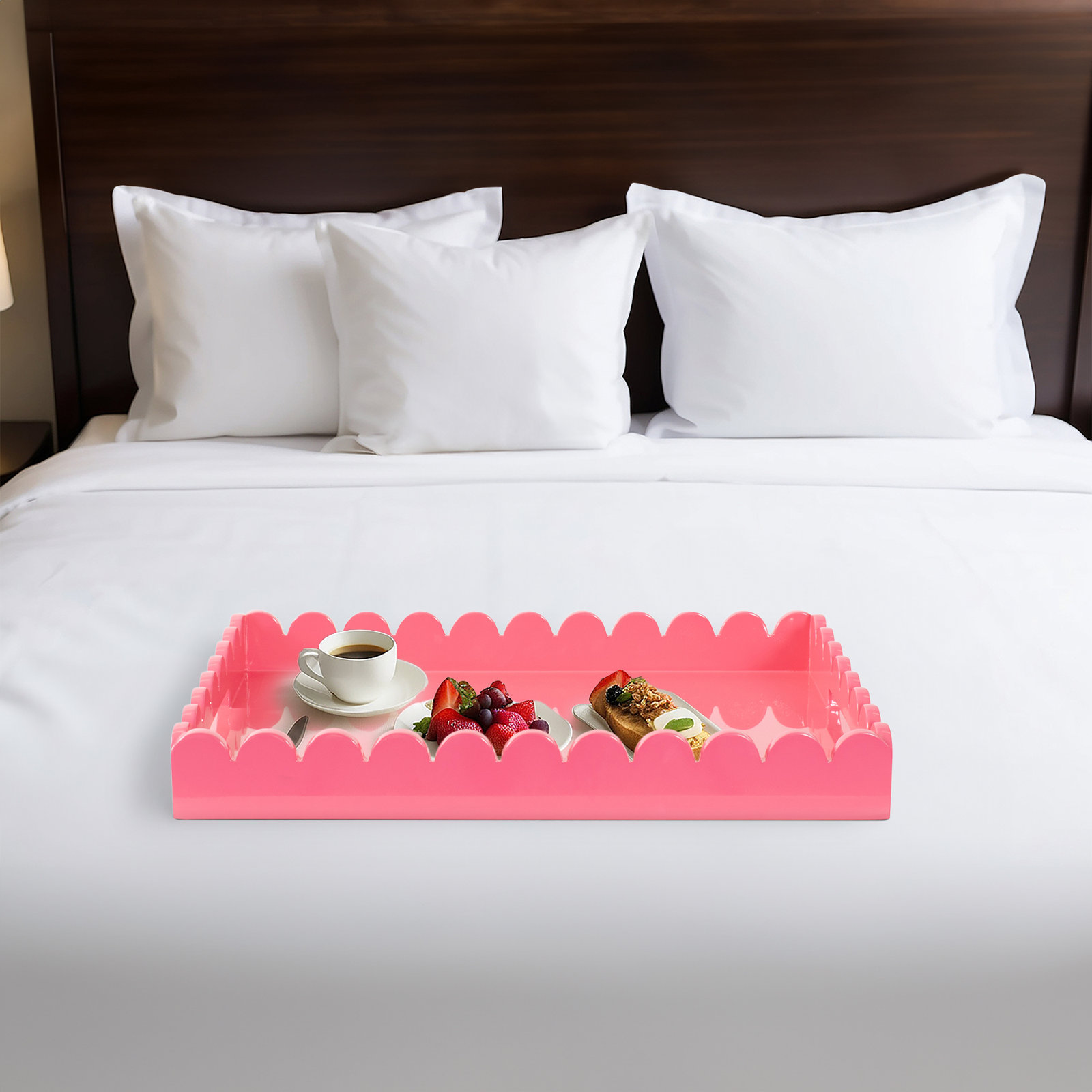 Hindley Hand-Crafted Rectangular Scalloped Wood Tray, Pink