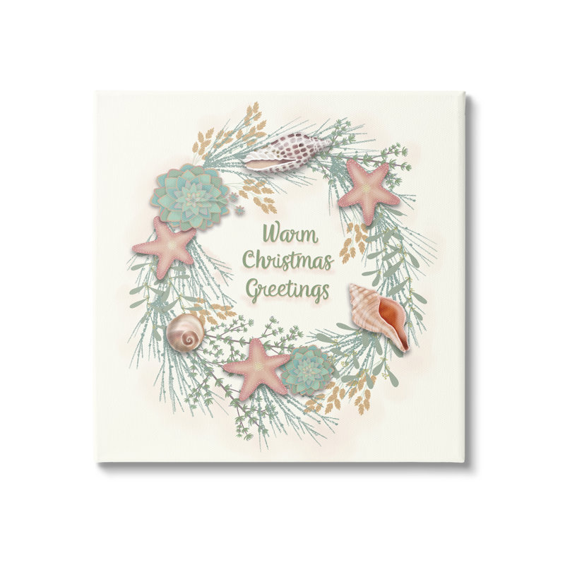 «Warm Christmas Greetings», coquille de plage, thème, couronne noire, estampe numérique, art texturé par Darlene Seale