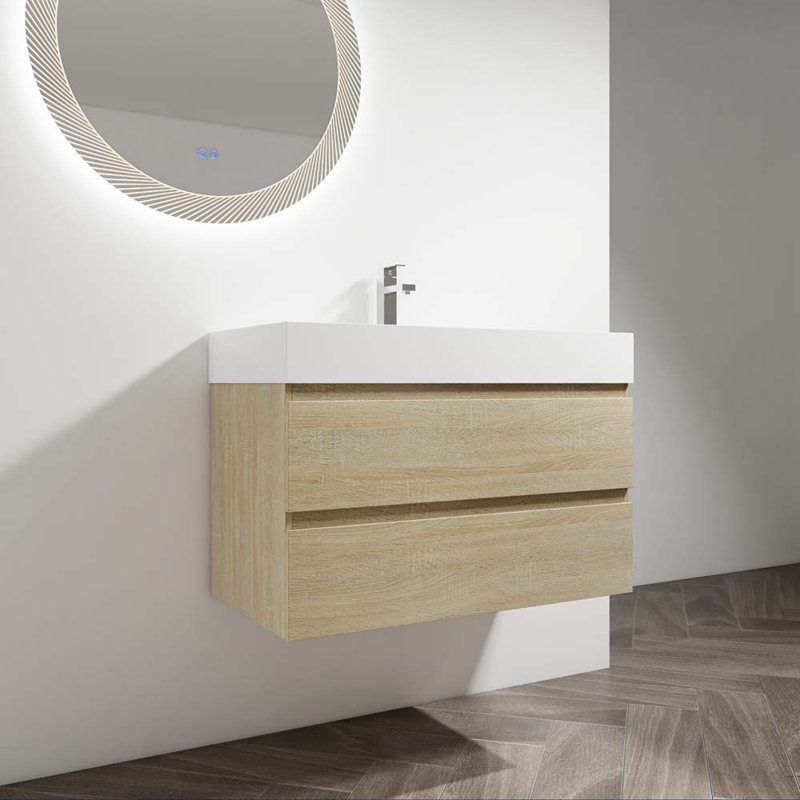Ensemble de meuble-lavabo simple 35,4 po avec plateau en résine Jesscia, Chêne clair