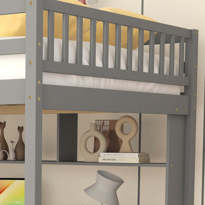 Lit mezzanine double avec bureau, tablettes de rangement et escalier, gris, Gris