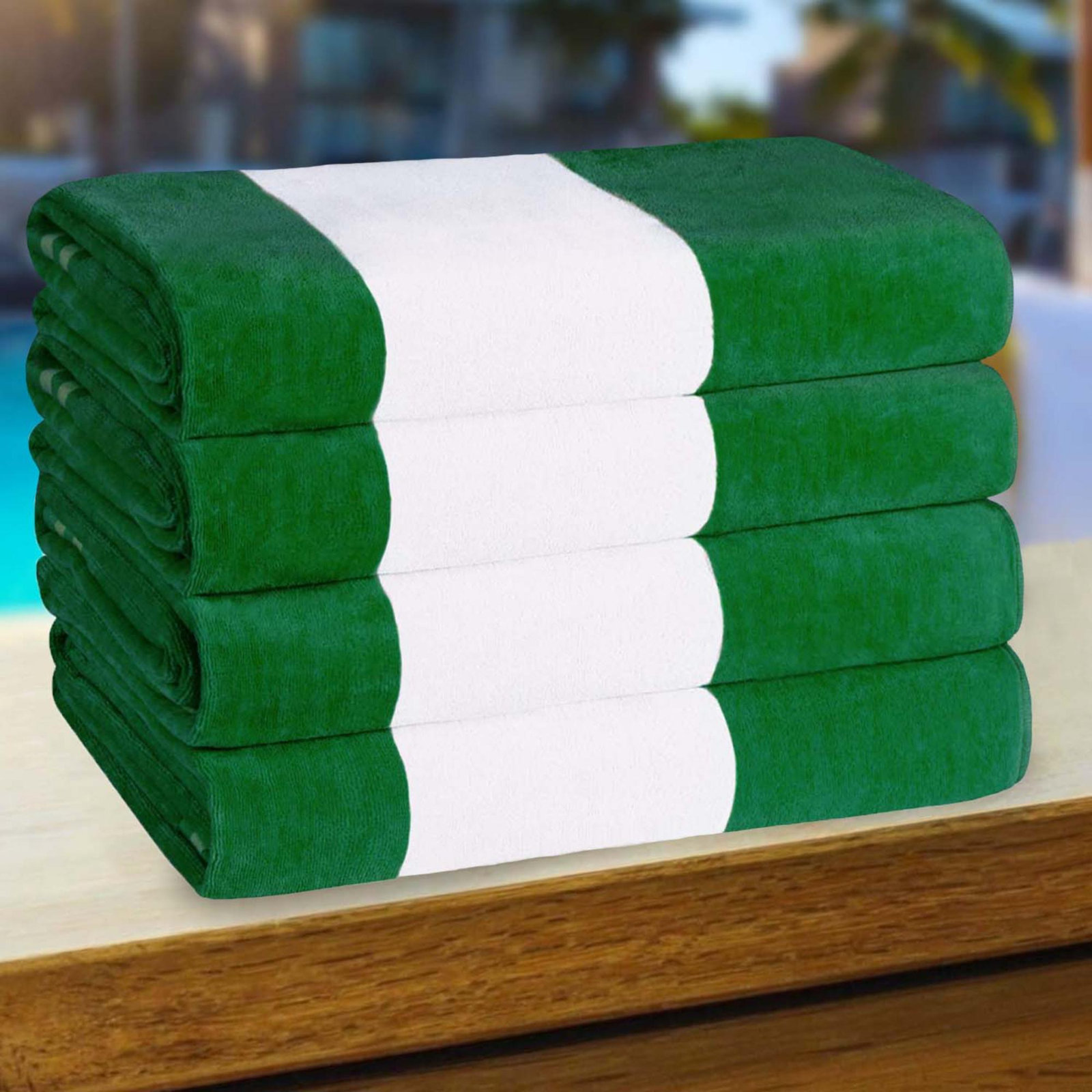 Calheta Cotton Oversized Cabana Stripe Beach Towels, Dark Green, 4