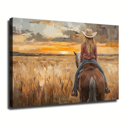 Impressionist Cowgirl Riding Horse Facing Golden Prairie Sunset Landscape, Large Gallery Wrapped Canvas Wall Art Print For Living Room Bedroom