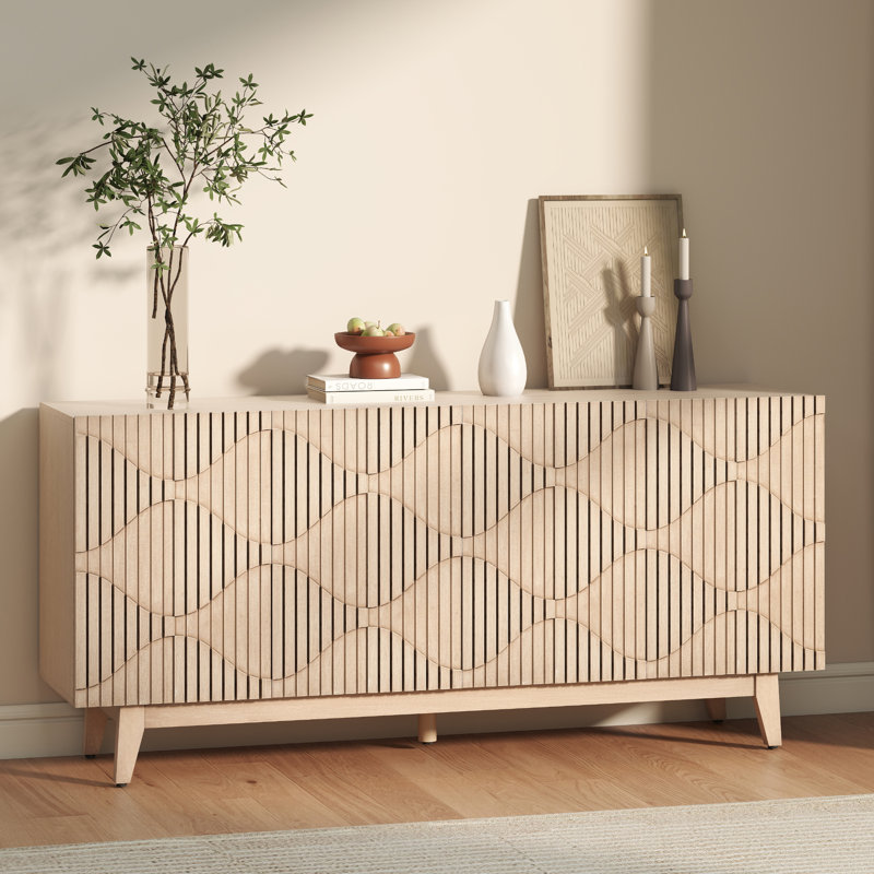 Buffet de 65 po de largeur avec pieds en bois massif, Marron clair