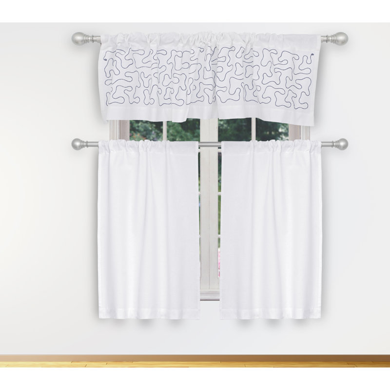 Cotton Blend Geometric Tailored Kitchen Curtain, White/Navy