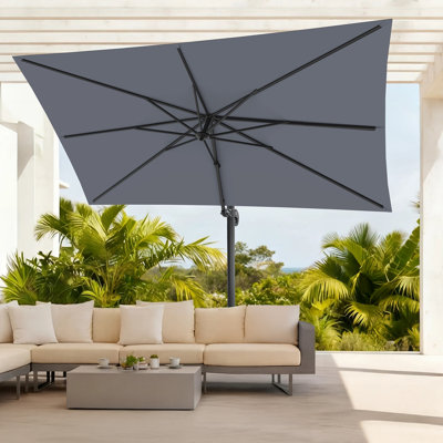 Parasol rectangulaire Olilawn 9 pi x 11,5 pi avec base incluse, grand parasol en porte-à-faux décalé en aluminium - rotation à 360 degrés et inclinaison infinie, pour le jardin, la terrasse, la piscine et le patio