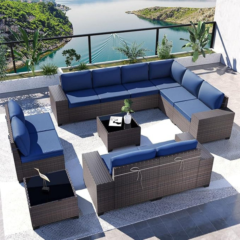 Dawes 12-Piece Outdoor Rattan Sectional Set With Cushions And Tempered Glass Table, Navy