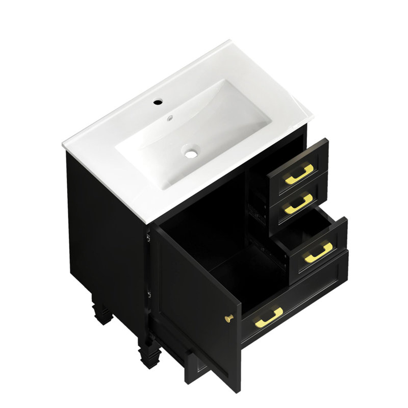 Meuble-lavabo de 30 po avec lavabo en céramique, portes à fermeture en douceur et 3 tiroirs, Black