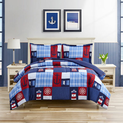 Ocean Inspired Coastal DESIGN STUDIO Nautical Patch Blue Ultra Soft Microfiber Reversible Comforter Set