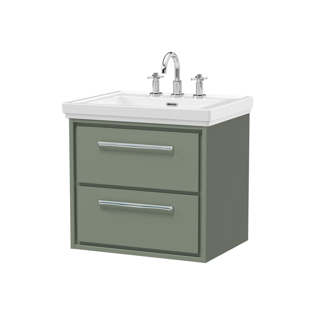 Hudson Reed Lille 600mm Fern Green 2 Drawer Wall Hung Vanity Unit With 3 Tap Holes Fireclay Basin