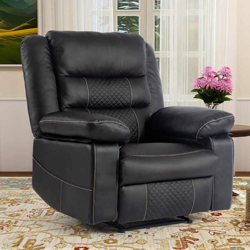 Chemika 40.1" W Oversized Faux Leather Recliner, Massage, Heater, Black Faux Leather