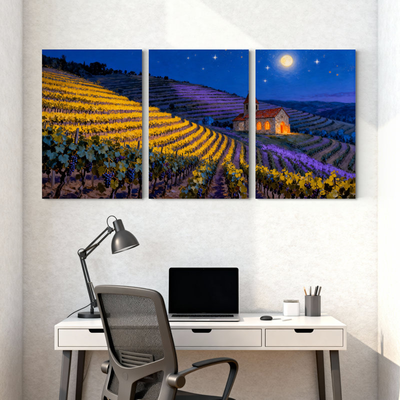 Abstrait vignoble sous un ciel étoilé avec lune, ensemble de 3 impressions sur toile, H 24 po x l 48 po