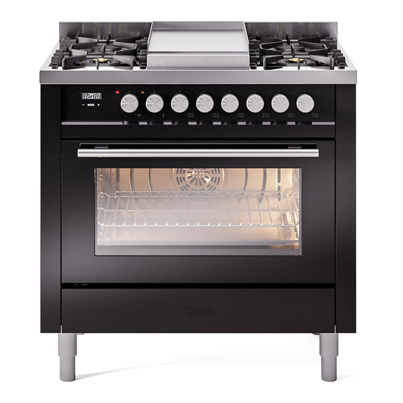 ILVE Professional Plus II 36 Dual Fuel Range, 6 Sealed Burners, Griddle (Glossy Black), Liquid Propane, Glossy Black