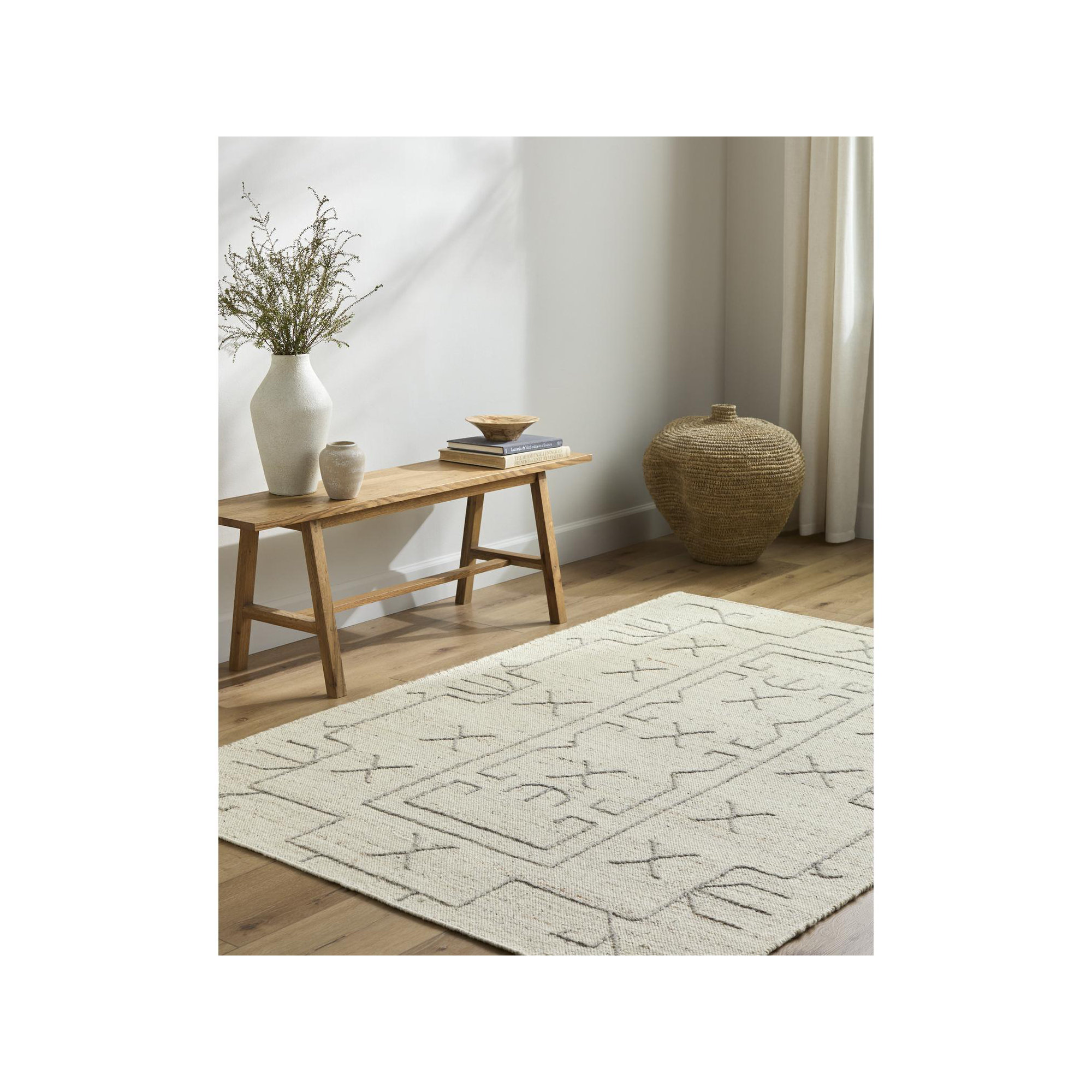 Rectangle Tobbie Geometric Hand Woven Flatweave Wool Area Rug in Pearl, Rectangle 8' x 10'