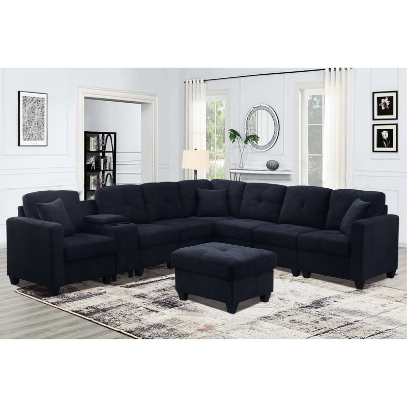 Sectional Dark Blue 7 Soft Microfiber High Skin- Cushions Two Cup Holders Solid Wood Frame For Long-term Stability And Comfort Fabric