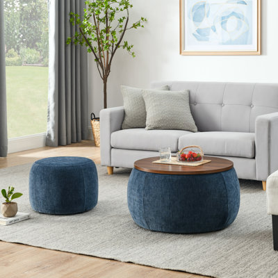 Round Storage Ottoman, 2 In 1 Function, Work As End Table And Ottoman,With Small Seat (25"X25"X14.7") by Latitude Run