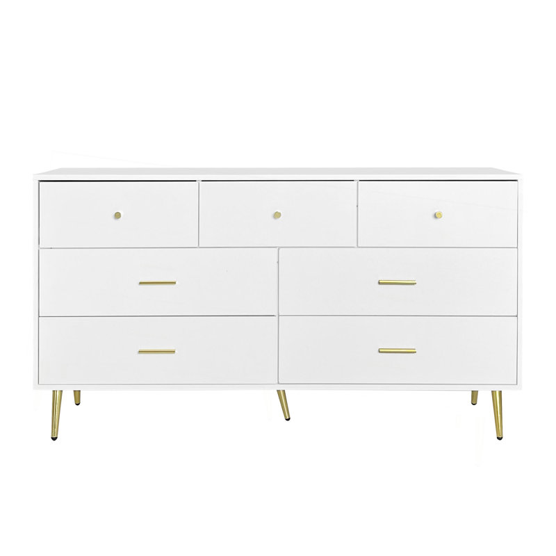 Seven Drawers Large Chest Of Drawer Cabinet With Golden Handle And Golden Legs White Color