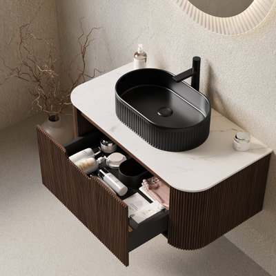 30" Bathroom Vanity, With Black Ceramic Vessel Sink, Dark Walnut Storage, 3D Striped Finish, Drawer Soft Close, High Hardness Countertop, Quick Assembly Easy
