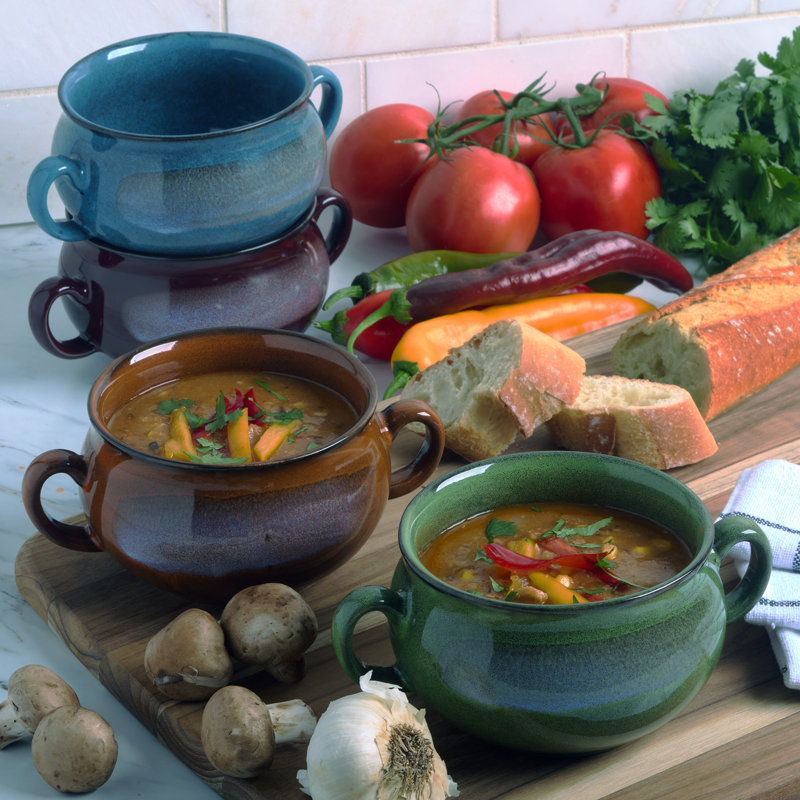 Ensemble de 4 bols à soupe en grès réactif en grès réactif - grès durable avec glacis artisanal unique, deux poignées et tons de terre assortis - Va au four, au micro-ondes et au lave-vaisselle