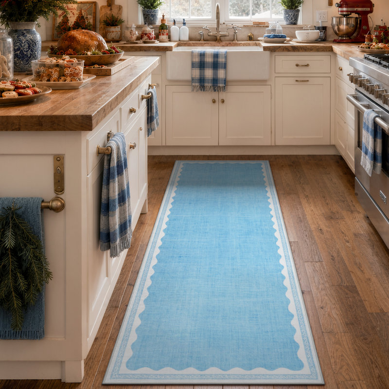 Tapis de corridor bleu vintage à bordure ondulée, lavable et antidérapant, idéal pour le corridor, la cuisine ou la chambre.