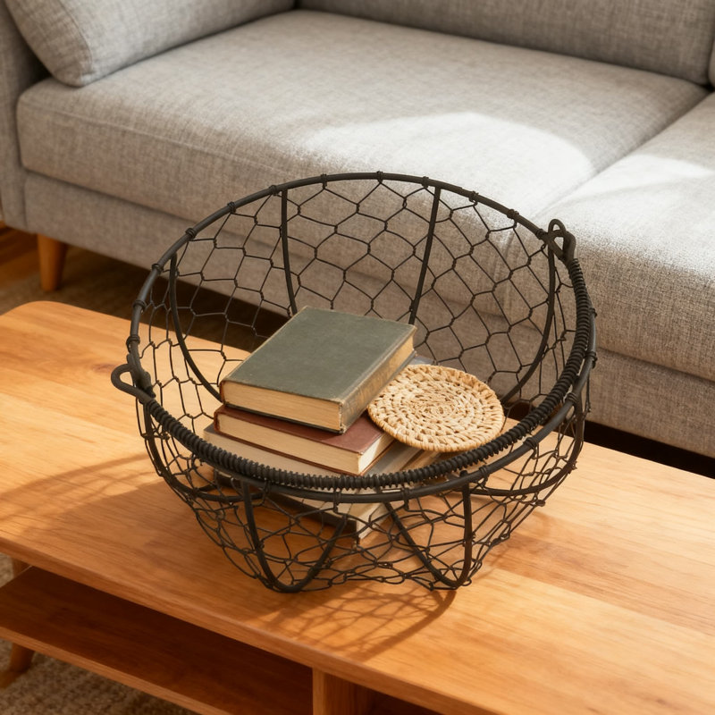 Rustic Round Wire Basket With Handle For Farmhouse Decor, Kitchen Egg Storage, And Versatile Home Organization