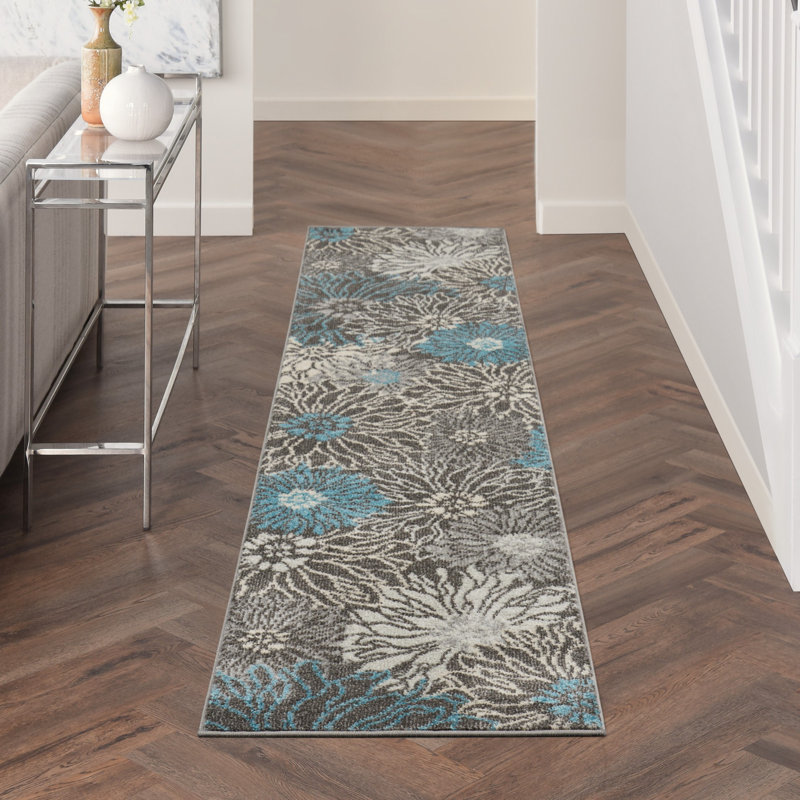 Tapis floral ivoire / gris / turquoise Gehl, Tapis de couloir 2 pi x 10 pi