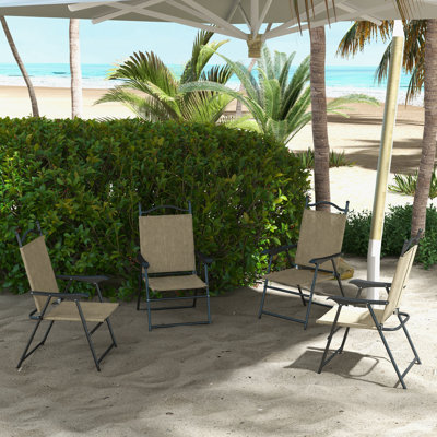 Chaises de patio pliantes, ensemble de 4 chaises de sport pour adultes, chaises de camping avec accoudoirs, siège en tissu maillé respirant pour la pelouse, beige