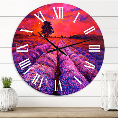 Blossoming Lavender Fields pendant le soir Glow I - horloge murale de maison de campagne