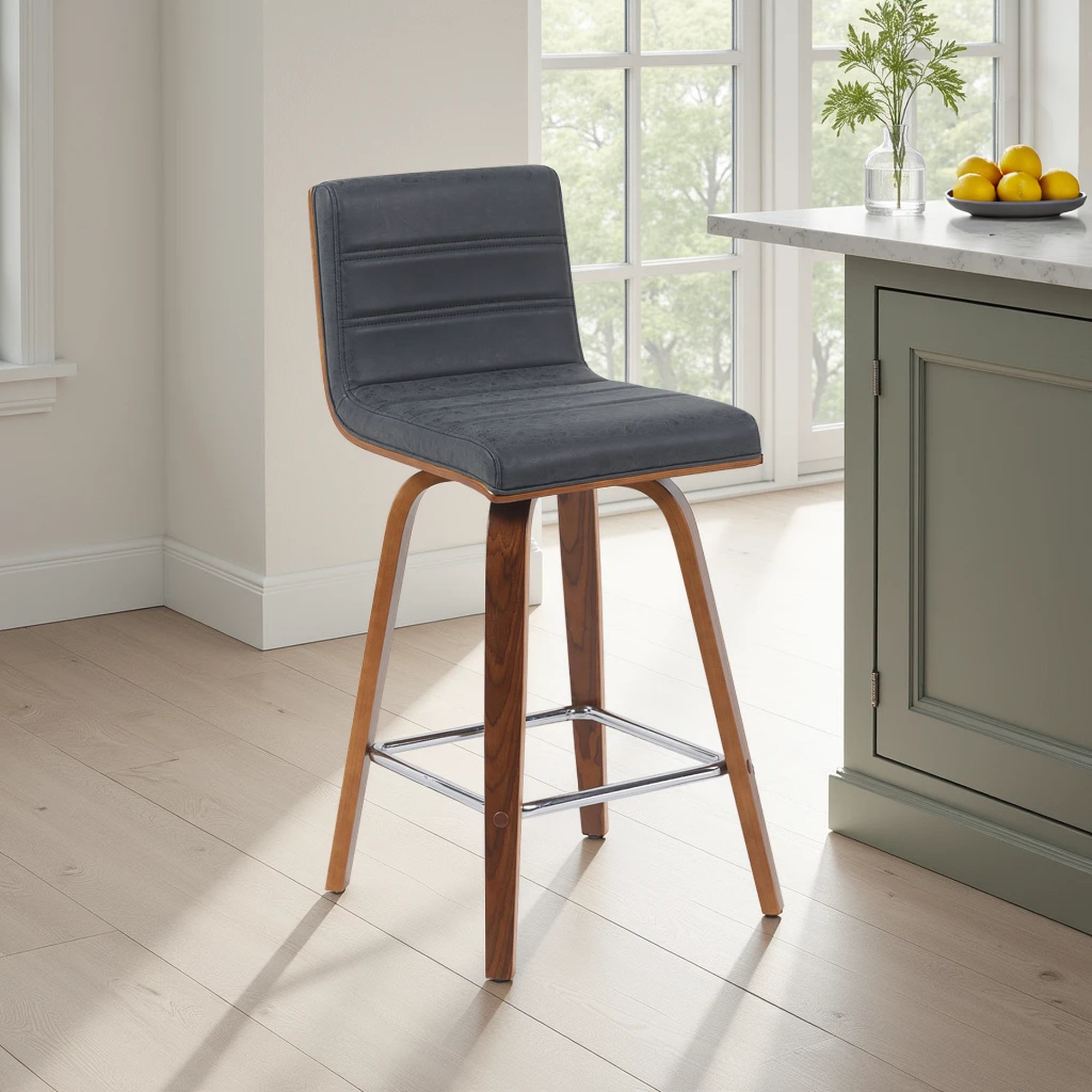Biance Solid Wood Swivel Bar & Counter Stool, Black, White Faux Leather, Counter Stool (26" Seat Height)