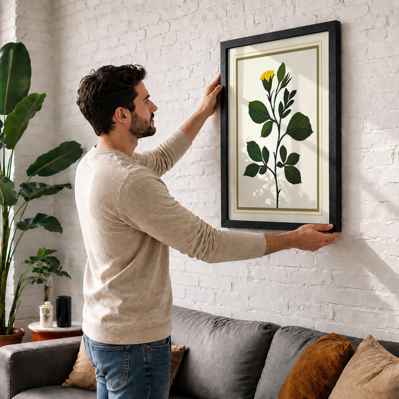 Yellow Flowering Stem Botanical - Framed Print, A2 - 59.4 x 42.0 cm, White