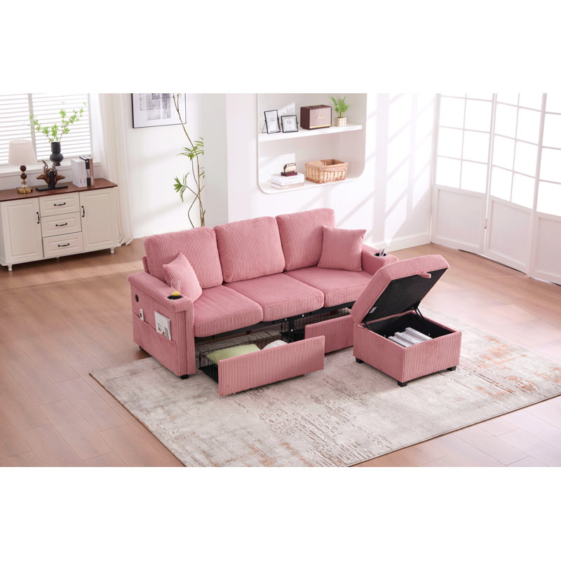 Canapé modulaire réversible en L 76,39 po avec rangement coulissant, repose-pieds et oreillers avec chargement USB, porte-gobelet pour le salon